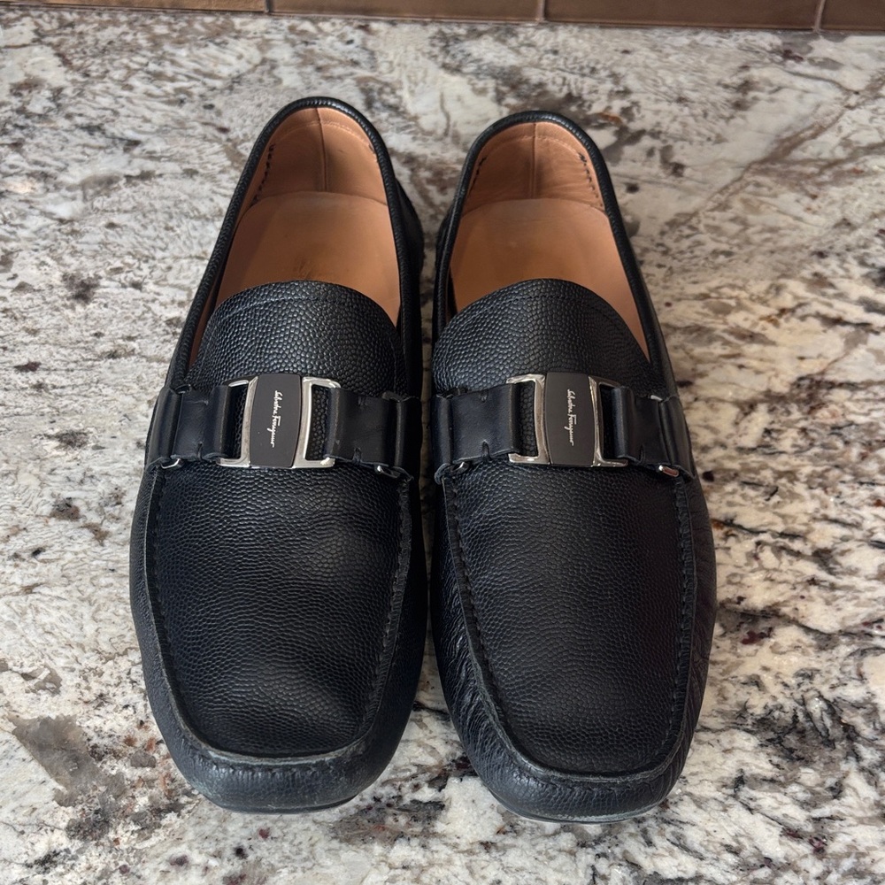 Salvatore Ferragamo Black Leather Slip-On Loafers